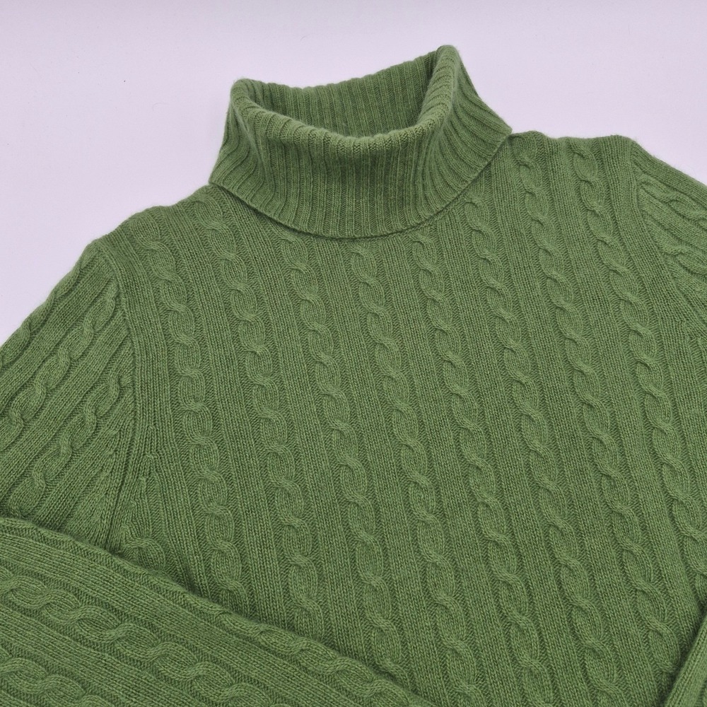 J.Crew Green Cable Knit Turtleneck Sweater Merino Wool Cashmere Blend Large